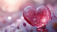Red crystal heart with water droplets surrounded by delicate white flowers on soft pink bokeh background for romantic Valentine's Day concepts.