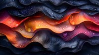Abstract wavy layers in vibrant orange, red, and dark blue colors with water droplets creating depth and texture, modern artistic background for graphic design projects.