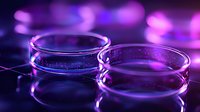 Laboratory petri dishes illuminated by vibrant purple and blue neon lights creating scientific atmosphere with dramatic reflections and glowing effects.