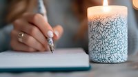 Woman writing in journal beside decorative floral candle, creating peaceful atmosphere for reflection, planning, or mindfulness practice.
