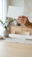 Hand holding blank white card in modern office workspace with potted plant and wooden desk for mockup and branding purposes.