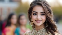Young South Asian woman in traditional gold embellished dress and jewelry smiling at camera with soft natural lighting and blurred background, showcasing bridal fashion.