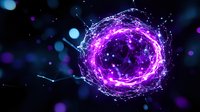 Glowing purple energy sphere with network connections and particle effects on dark background, abstract futuristic technology concept for digital innovation.
