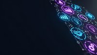 Digital technology icons glowing in neon blue and purple colors on dark background for business presentations and tech concepts.
