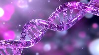 Glowing purple DNA strand with crystalline structure on blurred bokeh background, molecular biology and genetic research visualization in modern science.