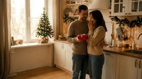 Happy mixed-race couple exchanging Christmas gift in festively decorated kitchen with tree and lights during holiday celebration at home.