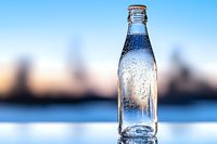 Glass bottle with condensation drops against blurred winter landscape background, cold refreshing drink in transparent container with metal cap.