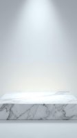 White marble podium with spotlight on neutral background, elegant product display stand for luxury cosmetics and retail presentation.