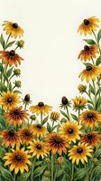 Watercolor rudbeckia flowers frame border with yellow orange blooms and green leaves on cream background for greeting cards and invitations.