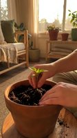 Hands gently protecting young green seedling in terracotta pot during golden hour sunlight in cozy home interior with houseplants for gardening concept.