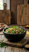 Fresh tabbouleh salad with parsley, tomatoes and bulgur wheat in rustic stone bowl on wooden cutting board. Healthy Mediterranean cuisine for cooking blogs.