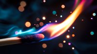 Burning match with vibrant multicolored flame against dark background, glowing bokeh lights create magical atmosphere. Macro photography captures moment of ignition.