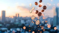 Cryptocurrency coins floating against blurred urban skyline at sunset, with glowing bokeh effects creating magical financial atmosphere.