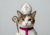 Religious cat wearing bishop mitre and ceremonial vestments with staff, isolated on white background for design and creative projects.