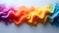 Vibrant wavy rainbow spectrum with glowing neon effect against dark background, flowing energy line with colorful light trail and particle effects creates dynamic motion.