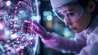Asian female scientist in protective gear examining glowing purple holographic data visualization in modern laboratory with bokeh light effects in background.