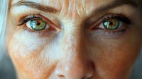 Close-up of mature woman with green eyes and freckled complexion showing age-related skin texture and wrinkles, expressing concern or intensity.