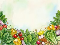 Watercolor vegetable border with fresh produce including lettuce, tomatoes, peppers, and onions arranged on cream background. Suitable for recipe cards, menus, and food packaging designs.