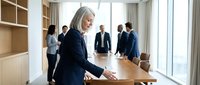 Professional mature businesswoman in navy suit reviewing documents at conference table during corporate meeting with diverse team in modern office boardroom.