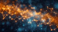 Magical glowing particles and bokeh lights create cosmic atmosphere in dark blue and golden colors. Abstract background for festive designs and celebrations.