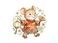 Cute mouse character wearing red traditional outfit holding lantern and fan, surrounded by festive decorative elements on white background, ready for design use.