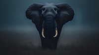 Majestic African elephant with ivory tusks standing in misty grassland at dusk, powerful wildlife portrait with dramatic moody lighting and atmospheric fog.