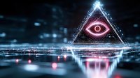 Glowing pink eye symbol in illuminated triangle with digital reflection on dark surface, mystical esoteric concept with neon lights and particle effects.