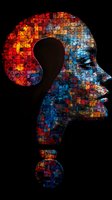 Profile silhouette formed by colorful mosaic puzzle pieces against black background, combining question mark shape with human face in blue and orange tones.