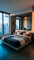 Modern luxury bedroom in high-rise apartment with floor-to-ceiling windows overlooking city skyline, featuring platform bed with striped bedding, concrete accent wall, warm ambient lighting, and contemporary furnishings for upscale interior design projects.