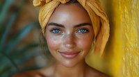 Young mixed race woman with bright blue eyes, freckles and radiant smile wearing yellow headscarf against vibrant yellow background with tropical leaves.