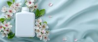 White cosmetic bottle with spring cherry blossom flowers on light blue silk fabric background. Falling petals create romantic spa and beauty composition.
