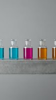Laboratory glass bottles filled with colorful chemical liquids in turquoise, magenta, and amber hues arranged on concrete shelf for scientific research, pharmaceutical, or cosmetic product development concepts.