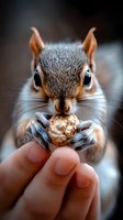 Close-up of a squirrel holding a walnut in its paws while being fed by hand, showing detailed fur texture and curious expression for wildlife and nature content.