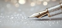Golden fountain pen nib with silver glitter sparkles on light bokeh background, luxury writing instrument macro photography for stationery and calligraphy design.