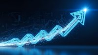 Digital growth arrow with glowing blue light effects rising upward against dark cityscape background for business success and financial progress concepts.
