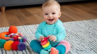 Happy Caucasian baby in turquoise striped outfit playing with colorful stacking toys on carpet, showing developmental milestones through engaging with educational toys.