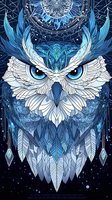 Mystical owl illustration in blue and white tones with geometric patterns and ornate feather details against starry dark background, suitable for textile and merchandise design.