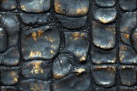 Luxury black crocodile leather texture with golden metallic highlights creates dramatic contrast. Natural reptile skin pattern forms organic geometric shapes.