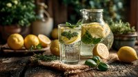 Refreshing homemade lemonade with mint leaves served in glass and pitcher on rustic wooden table with fresh lemons and herbs in cozy kitchen setting.