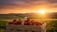 Fresh ripe strawberries in wooden basket at sunset over agricultural field. Organic fruit harvest concept for healthy eating and farm produce marketing.