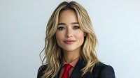Professional blonde businesswoman in dark suit with red tie smiling confidently against white background for corporate presentations and marketing materials.