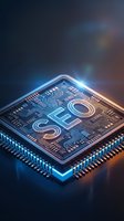 Futuristic microprocessor chip with glowing SEO text and circuit patterns on dark background for technology and digital marketing concepts.