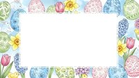 Spring Easter frame with decorated eggs, tulips and daffodils on white background. Seasonal border for greeting cards, invitations and holiday designs.