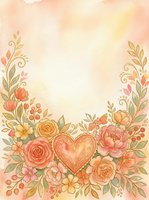 Watercolor floral frame with heart, roses, and peonies in soft peach and pink tones, copy space for greeting cards and invitations.
