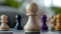 Wooden chess pawn piece in focus on chessboard with blurred colorful chess pieces in background for strategy games and business concepts.