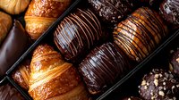 Fresh baked chocolate covered croissants and pastries in box assortment. Dark and milk chocolate drizzle on flaky golden pastries with nuts and filling.