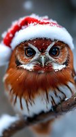 Adorable brown owl wearing red Santa hat with snow, close-up portrait showing bright orange feathers and expressive eyes. Winter holiday wildlife concept.