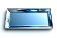Elegant rectangular metallic tray with beveled edges and mirror-like surface reflecting cool blue tones, isolated on white background for luxury product displays.