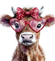 Adorable brown calf wearing heart-shaped glasses and red polka dot bow, watercolor style portrait on white background. For greeting cards and nursery decor.