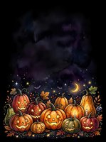 Glowing jack-o-lanterns and autumn leaves arranged at bottom with crescent moon and stars against dark night sky, suitable for Halloween designs and seasonal merchandise.